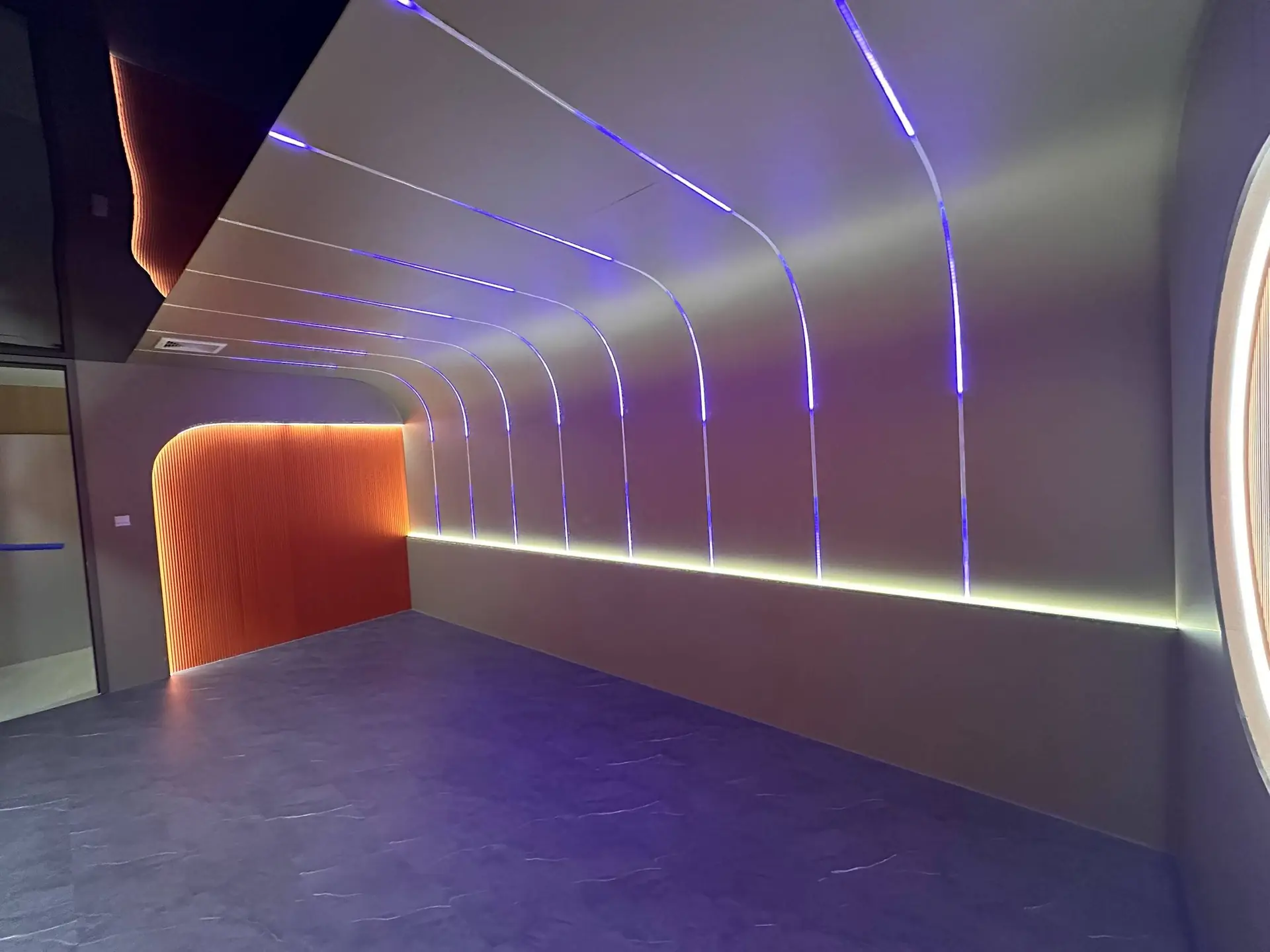 Showroom passage with curved wall-to-ceiling shell and LED lines